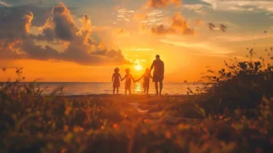 En siluett av en familj på fyra som håller hand och går längs stranden i solnedgången, som påminner om saliga semesterbilder. Himlen sprudlar av livfulla orange och gula nyanser, mörka moln utspridda över horisonten, medan en gräsbevuxen förgrund ramar in denna fridfulla scen utan krångel.