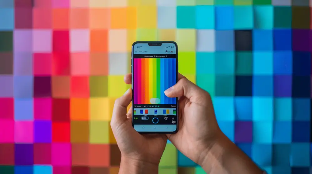 Händer som håller en smartphone-app visar en färgstark vertikal lutning mot en bakgrund av livfulla, mångfärgade rutor arrangerade i ett rutmönster, perfekt för att förstärka din personliga stil genom detaljerad färganalys app.