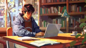 En ung man sitter vid ett bord i ett mysigt bibliotek och skriver på sin laptop för skolan. Öppna böcker, en anteckningsbok och en kopp kaffe finns i närheten. Solljus strömmar in genom fönstret och skapar en varm och fokuserad studieatmosfär.
