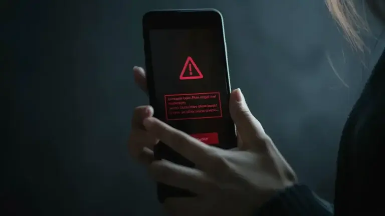 En person håller en smartphone som visar en röd varningssymbol och ett varningsmeddelande, vilket tyder på en iPhone-hackad-situation. Den mörka bakgrunden framhäver telefonen och framhäver behovet av omedelbar åtgärd för att ta itu med säkerhetshotet.