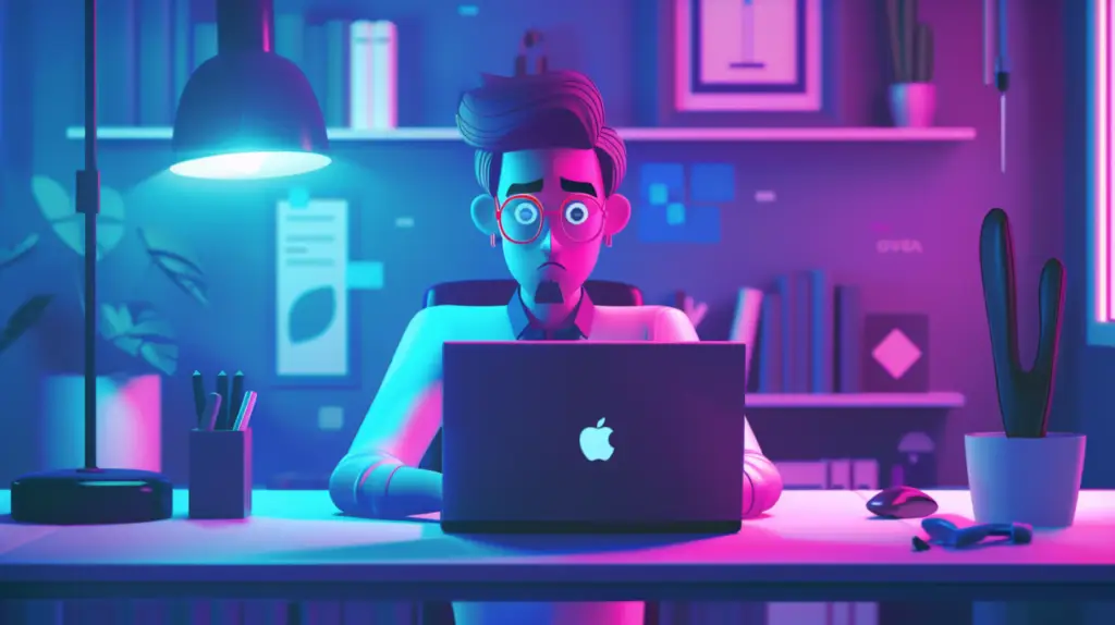 En orolig tecknad man med glasögon sitter vid ett skrivbord, tittar på en bärbar dator med en äppellogga och försöker lösa snabbt ett problem med organisationers data i ett färgglatt, neonupplyst kontor fyllt med hyllor, växter och väggdekor.