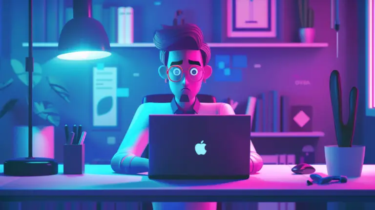 En orolig tecknad man med glasögon sitter vid ett skrivbord, tittar på en bärbar dator med en äppellogga och försöker lösa snabbt ett problem med organisationers data i ett färgglatt, neonupplyst kontor fyllt med hyllor, växter och väggdekor.