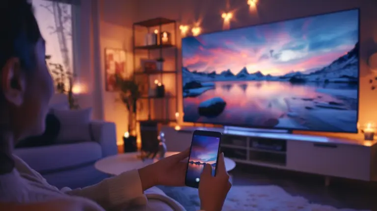 En person sitter i en mysig soffa i ett varmt upplyst vardagsrum och använder skärmdubblering av iPhone för att spegla skärmen och visa en vacker solnedgång från sin smartphone på den stora TV:n. Ljus och ljusslingor ger en mjuk atmosfär.