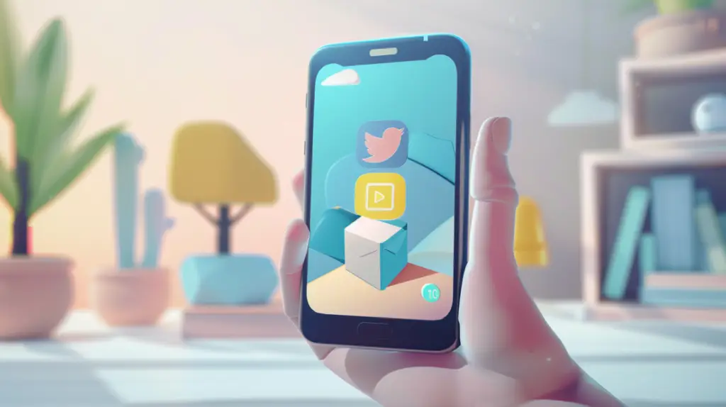 En hand håller en smartphone som visar färgglada ikoner för sociala medier och videoappar – trots att appbutiken har försvunnit. Bakgrunden har mjuka pastellfärgade möbler och växter, vilket skapar en lugn och modern inomhusmiljö.