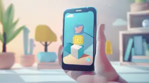 En hand håller en smartphone som visar färgglada ikoner för sociala medier och videoappar – trots att appbutiken har försvunnit. Bakgrunden har mjuka pastellfärgade möbler och växter, vilket skapar en lugn och modern inomhusmiljö.