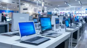 En rad öppna bärbara datorer och stationära bildskärmar utställda på vita bord i en starkt upplyst elektronikbutik, perfekt för dig som vill köpa dator, med hyllor och andra tekniska enheter synliga i bakgrunden.