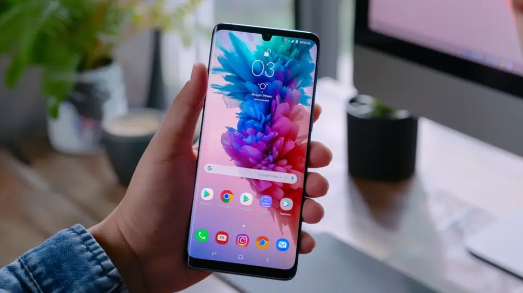 En person håller en modern Samsung-smartphone med en färgglad abstrakt bakgrund och visar olika appikoner på hemskärmen i en väl upplyst kontorsmiljö. Upptäck mer om Samsung-modeller eller kolla in vår Samsung-guide för tips som stänger av Samsung.