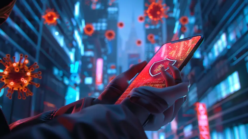 En person med handskar håller en smartphone på en neonupplyst gata, med digitala virusliknande ikoner som svävar i luften och symboliserar det akuta behovet av att ta bort virus gratis på mobilen och rädda din telefon från cybersäkerhetshot.