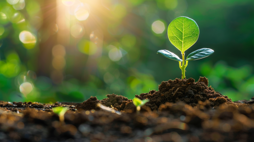 En liten grön planta växer upp ur näringsrik jord med solljus som lyser genom dess blad, vilket symboliserar tillväxt och nytt lånealternativ, omgiven av en suddig, frodig, grön, naturlig bakgrund.
