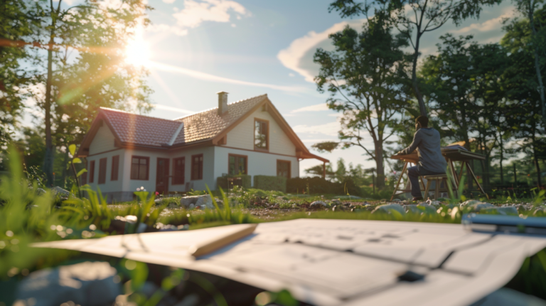 En person sitter vid ett bord utomhus nära ett hus och granskar arkitektoniska planer för ett enskilt avlopp en solig dag. I förgrunden syns ritningar och en penna på gräset, med träd och solljus i bakgrunden.