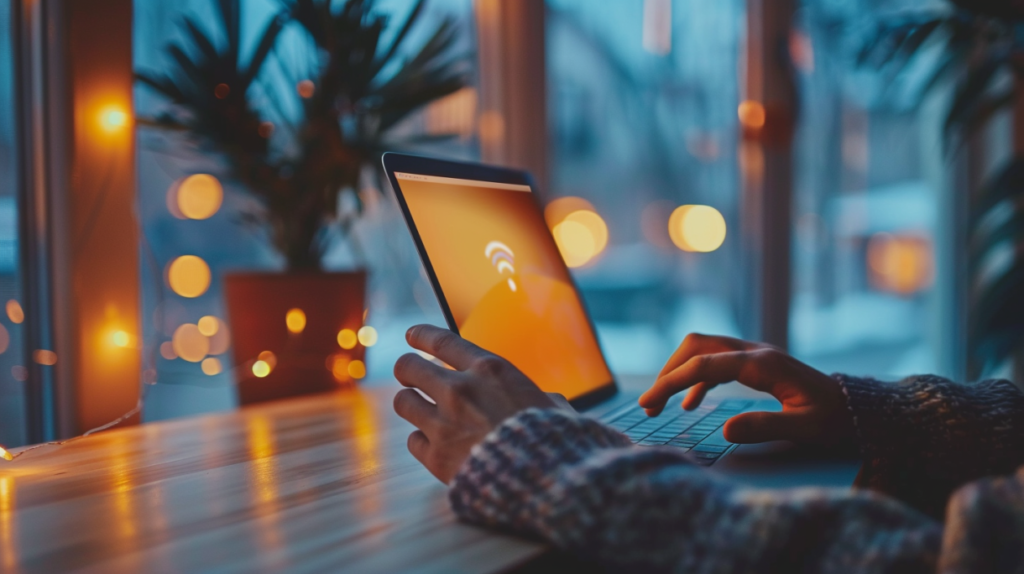 En person använder en bärbar dator på ett träbord nära ett fönster, med varma ljusslingor och en krukväxt i bakgrunden. Den bärbara datorns skärm visar en symbol för internetdelning, vilket skapar en mysig kvällsstämning.