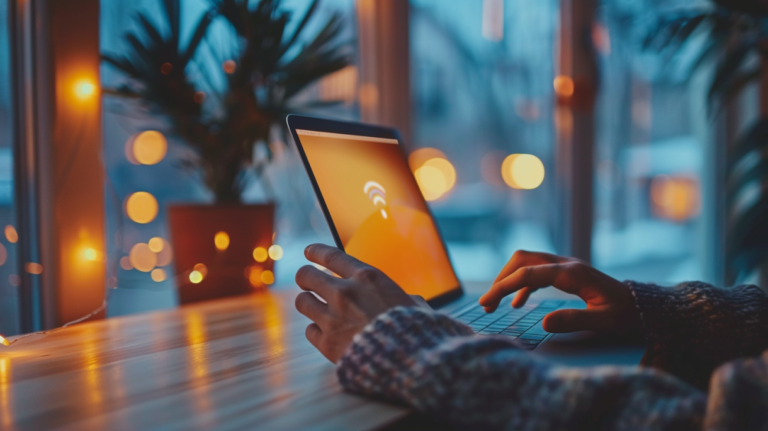 En person använder en bärbar dator på ett träbord nära ett fönster, med varma ljusslingor och en krukväxt i bakgrunden. Den bärbara datorns skärm visar en symbol för internetdelning, vilket skapar en mysig kvällsstämning.