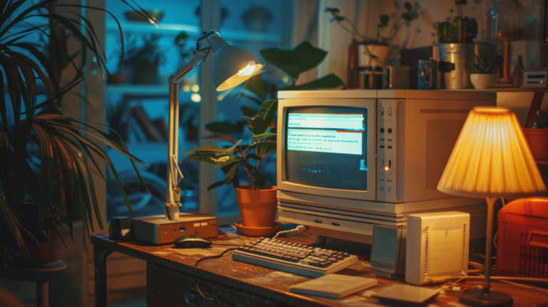 En gammal dator på ett träbord, en CRT-skärm, en skrivbordslampa, krukväxter och varm belysning skapar en mysig retroarbetsplats - perfekt för att följa steg för steg-guider eller till och med försöka installera Windows 11.