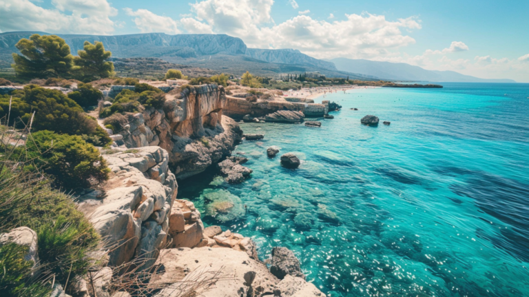 Klippig kust med klart turkost vatten, utspridda stenar i havet, gröna buskar, träd och avlägsna berg under en delvis molnig himmel - njut av denna fantastiska vy på din resa till Cypern med våra praktiska tips och råd.