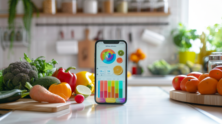 En smartphone med en färgglad kaloriräknare-app står på en köksbänk, omgiven av färska grönsaker och frukter som broccoli, paprika, morötter och apelsiner - en perfekt blandning av hälsa i din dagliga rutin. Appen är gratis att använda!.