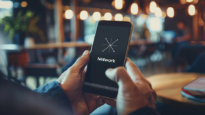 En person håller i en smartphone som visar en laddningssymbol och "ej registrerad på nätverk" på skärmen, i ett varmt upplyst modernt café med suddiga bord och lampor i bakgrunden-exploring möjliga orsaker och lösningar.