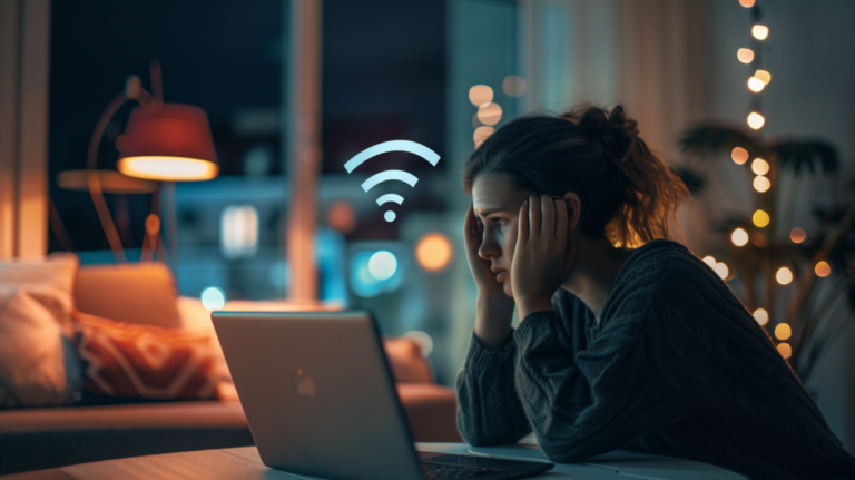 En kvinna ser frustrerad ut när hon sitter vid en bärbar dator i ett svagt upplyst vardagsrum på kvällen, med en svag Wi-Fi-symbol ovanför datorn, vilket belyser internetproblem och anslutningsproblem.