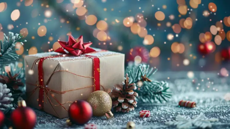 En inslagen present med ett rött band och rosett ligger på en snöig yta, omgiven av röda och gyllene ornament, kottar, vintergröna grenar och festliga ljus - en sann julklapp 2025 och en av årets julklapp 2025 starka kandidater.