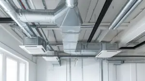 Exponerade ventilationskanaler och luftkonditioneringsaggregat i metall med FTX-filter i original installerade i taket i en modern byggnad, kombinerat med synliga balkar och rör. Naturligt ljus kommer in genom fönster till vänster.