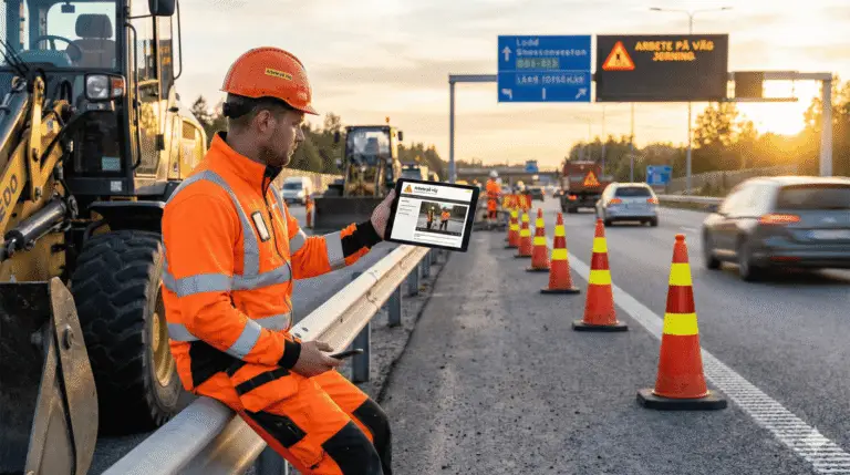 En byggnadsarbetare i orange skyddsutrustning sitter på ett räcke vid en motorväg under entreprenad och använder en surfplatta. Trafikkoner kantar vägen och fordon passerar förbi byggmaskiner i solnedgången, highlighting Arbete på väg.