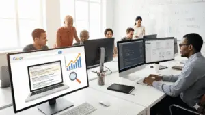 En grupp människor arbetar vid datorer på ett modernt kontor. På bildskärmarna visas data, diagram och sökresultat från Google. En whiteboard i bakgrunden visar "SEO Strategy" och ett diagram över hemsidans prestanda.