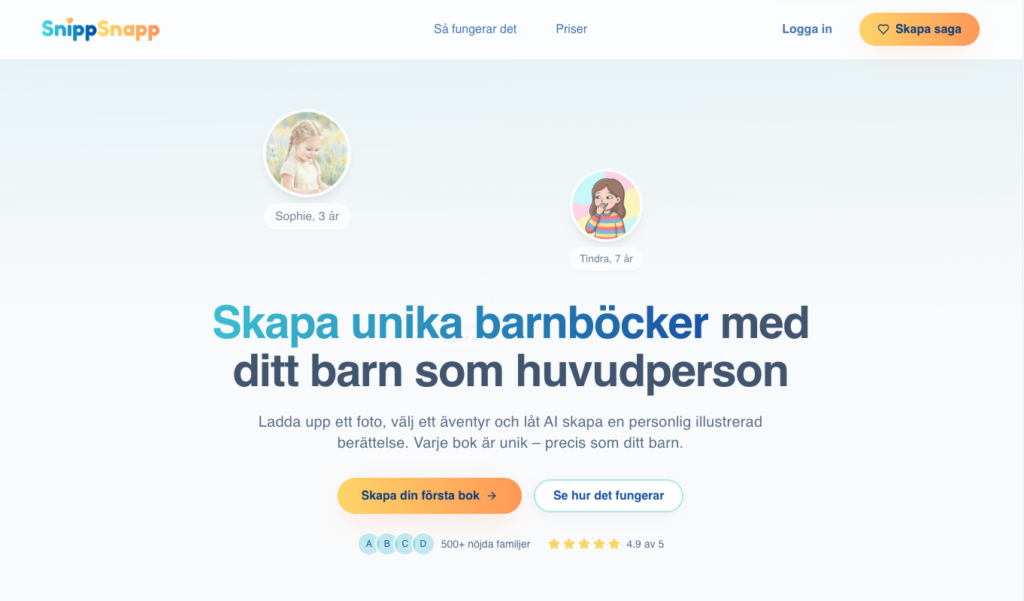 En hemsida för SnippSnapp, med två barnprofilbilder och text som marknadsför skapandet av personliga barnböcker. Knappar inbjuder användare att starta en berättelse, lära sig mer om hur det fungerar eller generera ett automatiskt utkast.