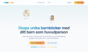 En hemsida för SnippSnapp, med två barnprofilbilder och text som marknadsför skapandet av personliga barnböcker. Knappar inbjuder användare att starta en berättelse, lära sig mer om hur det fungerar eller generera ett automatiskt utkast.