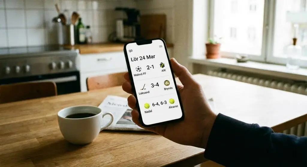 En person håller i en smartphone som visar sportresultat på svenska med svaret direkt på webbsidan, sittande vid ett köksbord i trä med kaffe, en tidning och ett fönster i bakgrunden.