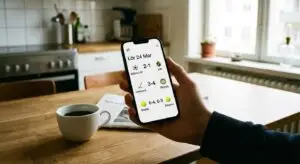 En person håller i en smartphone som visar sportresultat på svenska med svaret direkt på webbsidan, sittande vid ett köksbord i trä med kaffe, en tidning och ett fönster i bakgrunden.