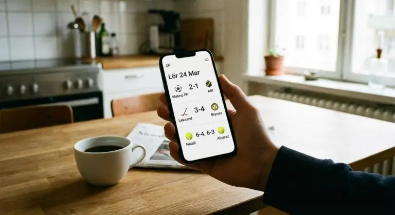 En person håller i en smartphone som visar sportresultat på svenska med svaret direkt på webbsidan, sittande vid ett köksbord i trä med kaffe, en tidning och ett fönster i bakgrunden.