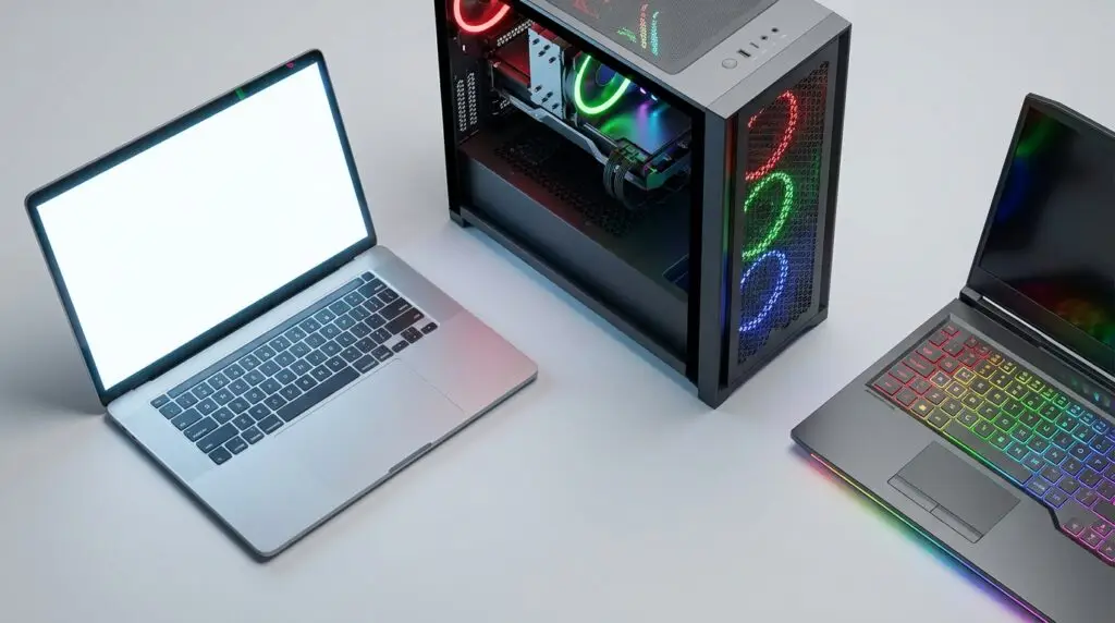 En stationär dator med färgglad RGB-belysning är placerad mellan två bärbara datorer på en vit yta; den ena bärbara datorn har en tom vit skärm, medan den andra har ett regnbågsupplyst tangentbord.