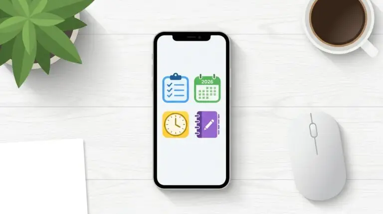 En smartphone på ett vitt skrivbord visar fyra färgglada ikoner: en blå checklista, en grön kalender märkt 2026, en gul klocka och en lila anteckningsbok. I närheten finns en växt, en kaffekopp, en vit mus och ett papper.