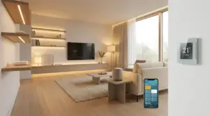 Modernt vardagsrum med neutral inredning, trägolv och inbyggda hyllor. En smart termostat visar 21°C på väggen och en smartphone visar en app för uppkopplade hem. Stora fönster släpper in naturligt ljus.