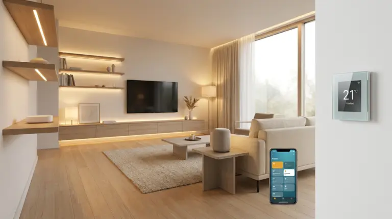 Modernt vardagsrum med neutral inredning, trägolv och inbyggda hyllor. En smart termostat visar 21°C på väggen och en smartphone visar en app för uppkopplade hem. Stora fönster släpper in naturligt ljus.