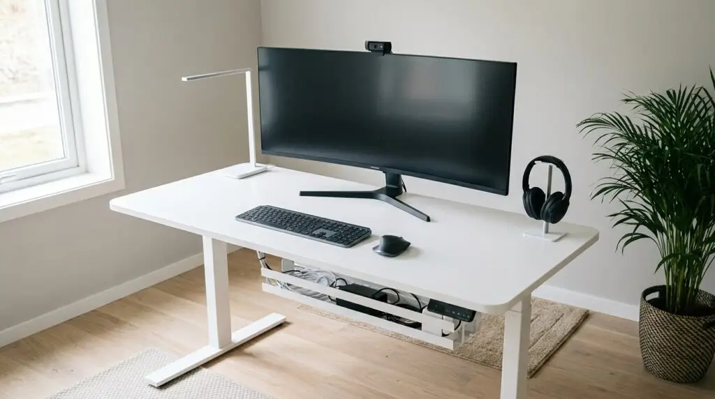 En minimalistisk arbetsplats med en böjd bildskärm, tangentbord, mus, skrivbordslampa och hörlurar på ett vitt skrivbord. En krukväxt står bredvid skrivbordet nära ett fönster, allt på ett ljust trägolv.