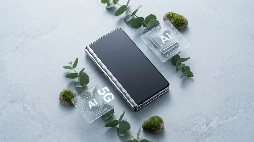 En hopfällbar smartphone ligger stängd på en grå yta, omgiven av gröna blad och mossa. Digitala ikoner märkta "AI" och "5G" visas nära telefonen och symboliserar avancerade teknikfunktioner.