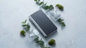 En hopfällbar smartphone ligger stängd på en grå yta, omgiven av gröna blad och mossa. Digitala ikoner märkta "AI" och "5G" visas nära telefonen och symboliserar avancerade teknikfunktioner.