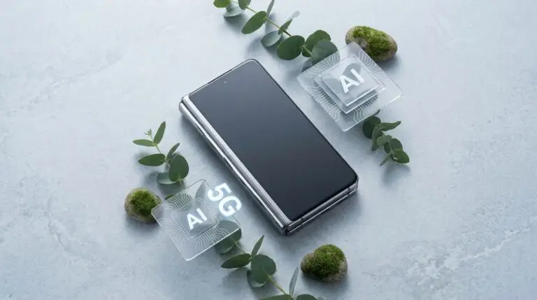 En hopfällbar smartphone ligger stängd på en grå yta, omgiven av gröna blad och mossa. Digitala ikoner märkta "AI" och "5G" visas nära telefonen och symboliserar avancerade teknikfunktioner.
