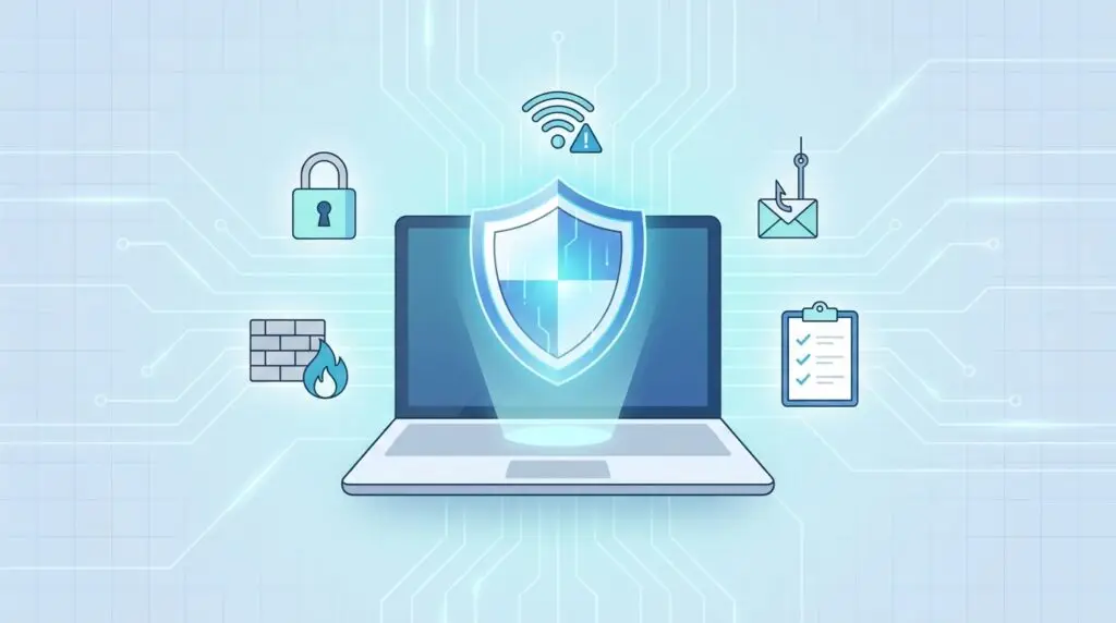 En illustration av en bärbar dator med en glödande sköld på skärmen, omgiven av cybersäkerhetssymboler som hänglås, brandvägg, Wi-Fi, kuvert med en bugg och en checklista, som representerar digitalt skydd.