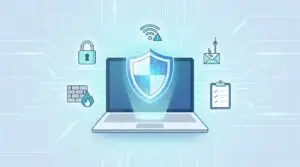En illustration av en bärbar dator med en glödande sköld på skärmen, omgiven av cybersäkerhetssymboler som hänglås, brandvägg, Wi-Fi, kuvert med en bugg och en checklista, som representerar digitalt skydd.