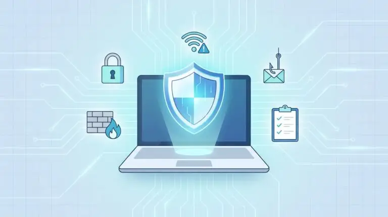 En illustration av en bärbar dator med en glödande sköld på skärmen, omgiven av cybersäkerhetssymboler som hänglås, brandvägg, Wi-Fi, kuvert med en bugg och en checklista, som representerar digitalt skydd.