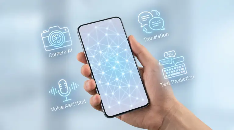 En hand håller i en smartphone som visar ett glödande nätverksmönster. Digitala ikoner runt telefonen representerar funktionerna Camera AI, Translation, Voice Assistant och Text Prediction. Bakgrunden är suddig och blå.