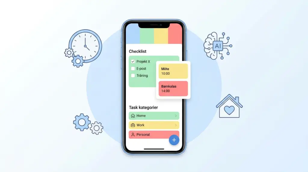 En smartphone visar en färgglad checklista-app med kategorierna Hem, Arbete och Personligt, omgiven av ikoner för en klocka, kugghjul, ett hus och en AI-hjärna mot en ljus bakgrund.