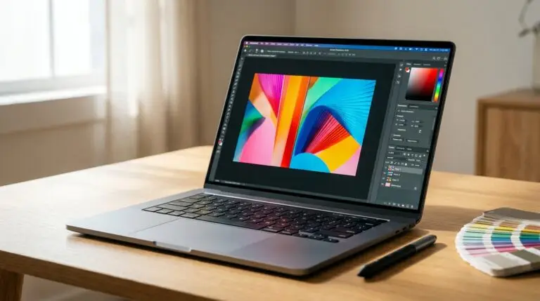 En bärbar dator på ett träbord visar färgglad abstrakt konst i ett program för grafisk design. En färgprovsbok och en styluspenna ligger bredvid den bärbara datorn. Solljuset skiner in genom ett fönster i bakgrunden.