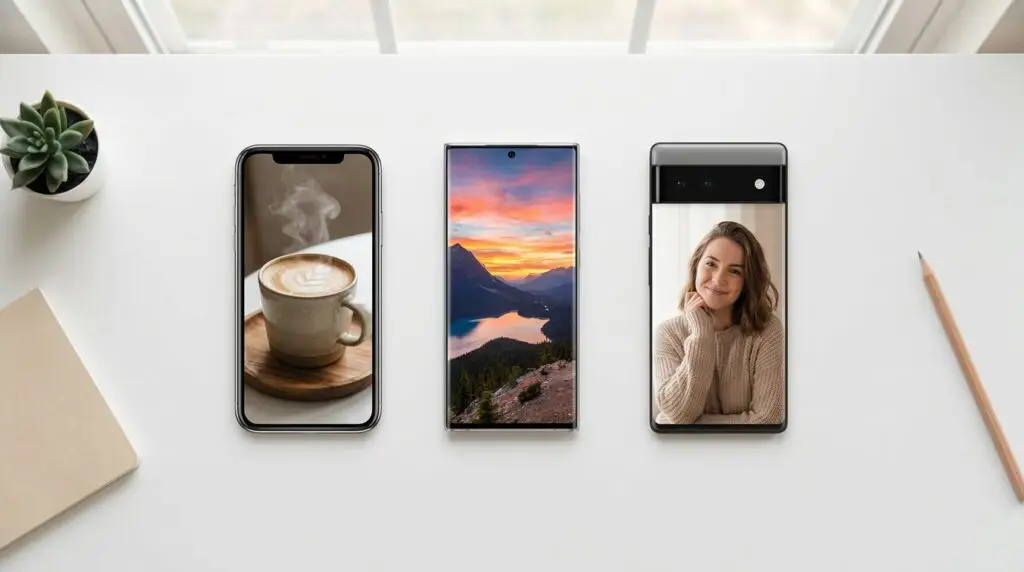 Tre smartphones är placerade på ett vitt skrivbord; den vänstra telefonen visar en kaffekopp, den mellersta visar en solnedgång i bergen och den högra visar en leende kvinna. I närheten finns en växt, en anteckningsbok och en penna.