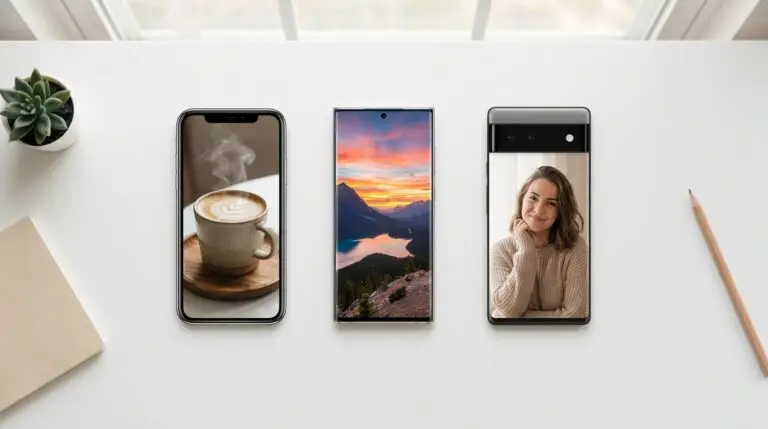 Tre smartphones är placerade på ett vitt skrivbord; den vänstra telefonen visar en kaffekopp, den mellersta visar en solnedgång i bergen och den högra visar en leende kvinna. I närheten finns en växt, en anteckningsbok och en penna.