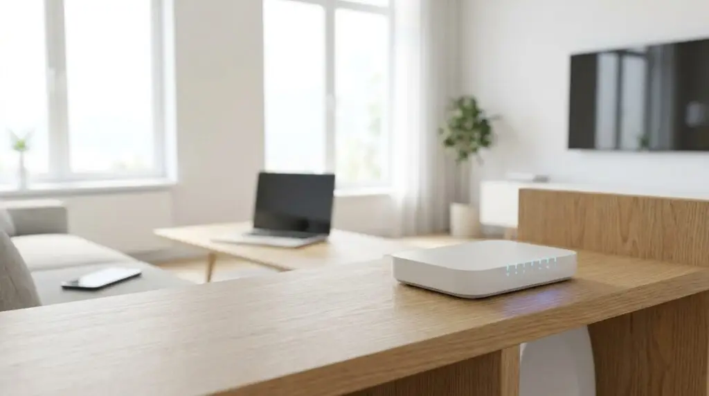 En elegant vit Wi-Fi-router med blå indikatorlampor står på en trähylla i ett modernt vardagsrum med en bärbar dator, surfplatta, TV och stora fönster i bakgrunden.