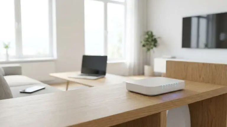 En elegant vit Wi-Fi-router med blå indikatorlampor står på en trähylla i ett modernt vardagsrum med en bärbar dator, surfplatta, TV och stora fönster i bakgrunden.