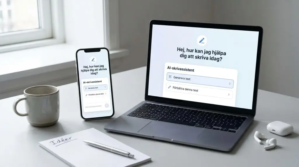En bärbar dator och en smartphone på ett skrivbord visar en AI-skrivassistent på svenska. I närheten står en kaffekopp, trådlösa hörlurar och ett anteckningsblock med texten ”Idéer”. Scenen utspelar sig vid ett ljust fönster.
