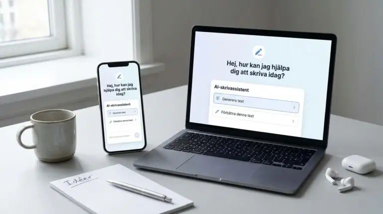 En bärbar dator och en smartphone på ett skrivbord visar en AI-skrivassistent på svenska. I närheten står en kaffekopp, trådlösa hörlurar och ett anteckningsblock med texten ”Idéer”. Scenen utspelar sig vid ett ljust fönster.